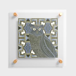 Great horned owl decorated on a patterned background - Blue and brown Floating Acrylic Print