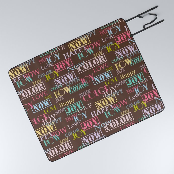 Enjoy The Colors - Colorful typography modern abstract pattern on Coffee Brown color Picnic Blanket