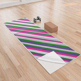 [ Thumbnail: Eye-catching Dark Slate Blue, Deep Pink, Lavender, Grey, and Green Colored Striped/Lined Pattern Yoga Towel ]