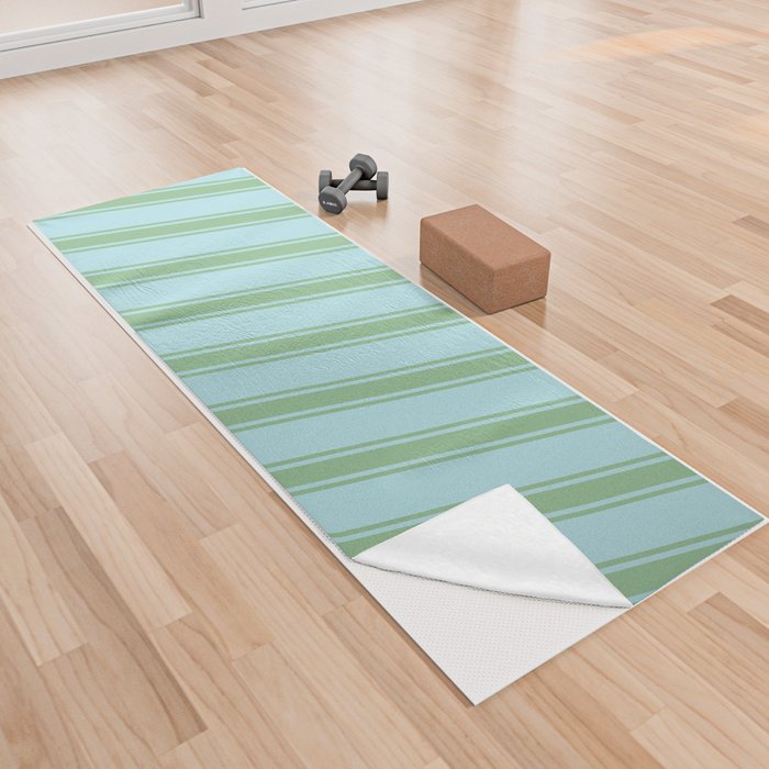 Powder Blue and Dark Sea Green Colored Striped/Lined Pattern Yoga Towel
