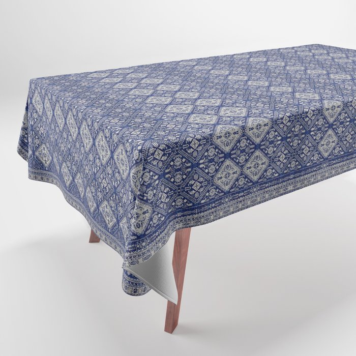 Blue Indigo Vintage Oriental Traditional Moroccan Fabric Style  Tablecloth