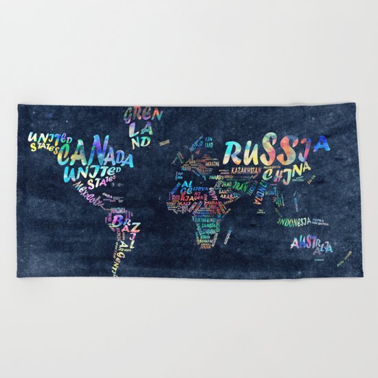 world map typography watercolor 4 Beach Towel