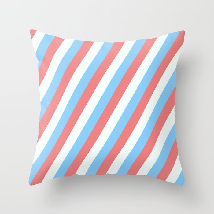 Light Sky Blue, Light Coral, and Mint Cream Colored Lined Pattern Throw Pillow