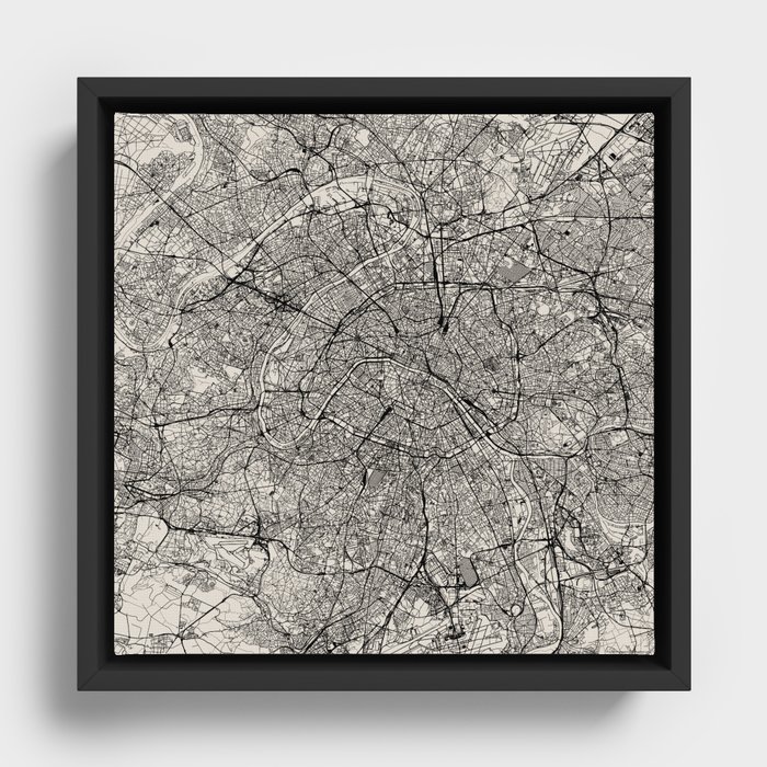 France, Paris City Map - Black and White Aesthetic - French Cities Framed Canvas