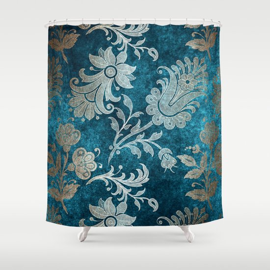 Aqua Teal Vintage Floral Damask Pattern Shower Curtain By