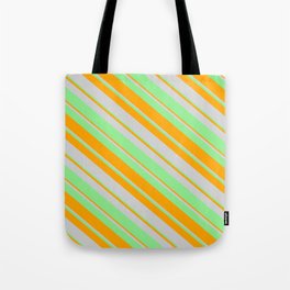 [ Thumbnail: Light Green, Orange & Light Grey Colored Lined/Striped Pattern Tote Bag ]