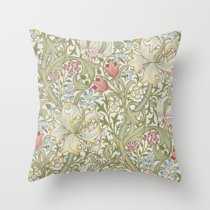 William Morris Vintage Golden Lily Green & Red  Throw Pillow