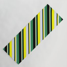 [ Thumbnail: Sea Green, Black, Yellow, and Lavender Colored Stripes Pattern Yoga Mat ]