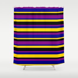 [ Thumbnail: Yellow, Black, Purple, and Dark Blue Colored Pattern of Stripes Shower Curtain ]