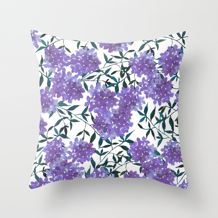 Botanical lavender purple forest green watercolor hortensia leaves Throw Pillow