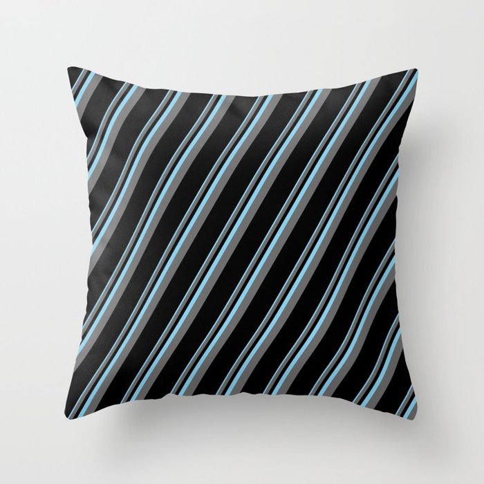 Sky Blue, Dim Grey, and Black Colored Pattern of Stripes Throw Pillow