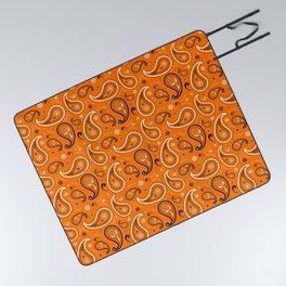 Black and White Paisley Pattern on Orange Background Picnic Blanket