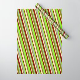 [ Thumbnail: Eye-catching Dark Grey, Green, Beige, Dark Red, and Chartreuse Colored Lined/Striped Pattern Wrapping Paper ]