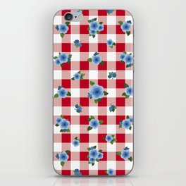 Blue Roses All Over - red check iPhone Skin