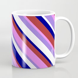 [ Thumbnail: Colorful Blue, Brown, Violet, Purple & White Colored Striped Pattern Coffee Mug ]