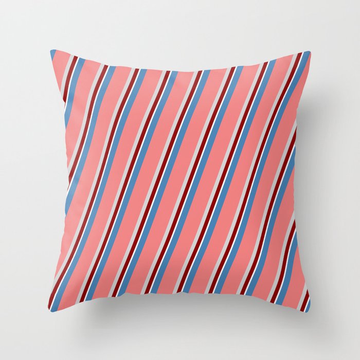 Eyecatching Blue, Light Coral, Light Grey, Dark Red, and White Colored Stripes Pattern Throw Pillow