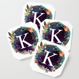 Personalized Monogram Initial Letter K Floral Wreath Artwork Coaster