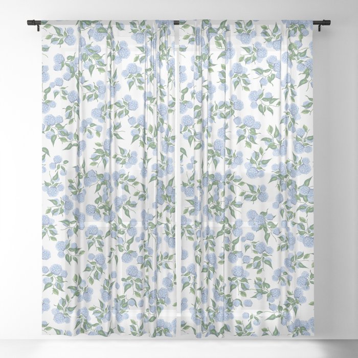 Hydrangea blue flowers, botanicals, blue and white floral Sheer Curtain