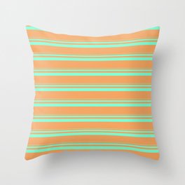 [ Thumbnail: Aquamarine and Brown Colored Lined Pattern Throw Pillow ]