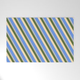 [ Thumbnail: Dark Olive Green, Beige, Cornflower Blue & Grey Colored Lines Pattern Welcome Mat ]