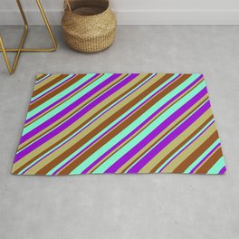 [ Thumbnail: Aquamarine, Dark Violet, Dark Khaki, and Brown Colored Stripes/Lines Pattern Rug ]