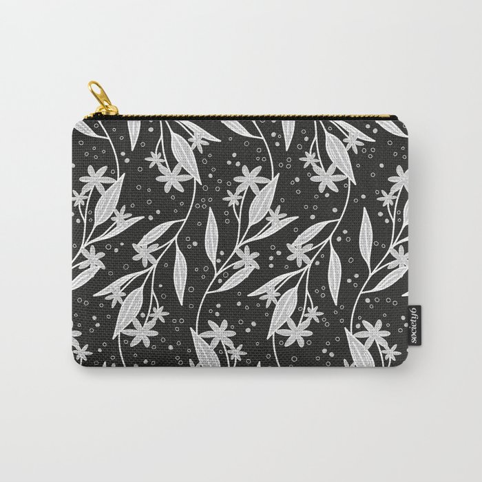White and grey floral branches on black background Carry-All Pouch