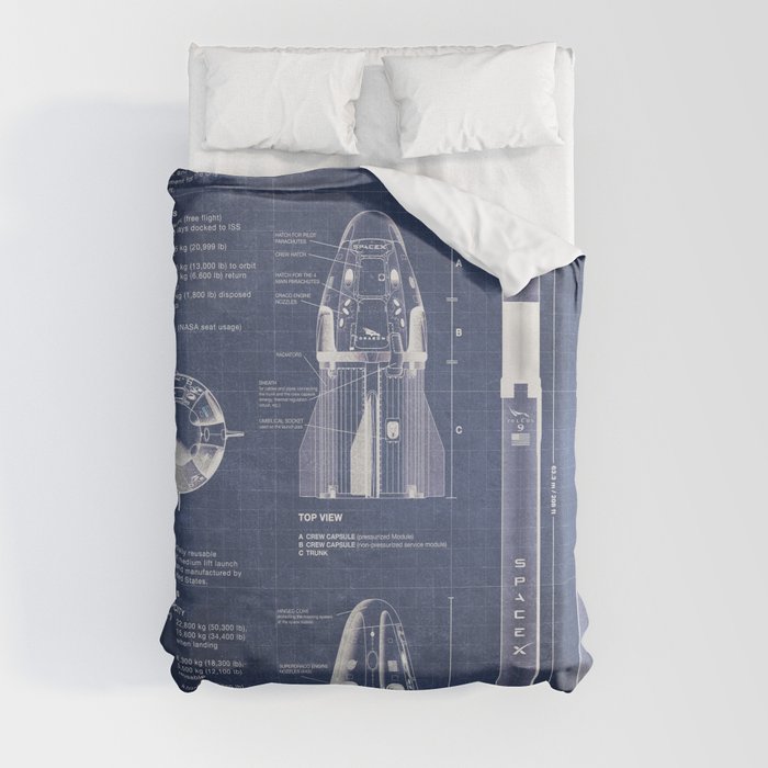 NASA SpaceX Crew Dragon Spacecraft & Falcon 9 Rocket Blueprint in High Resolution (dark blue) Duvet Cover