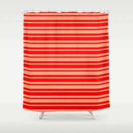 [ Thumbnail: Light Salmon and Red Colored Stripes Pattern Shower Curtain ]
