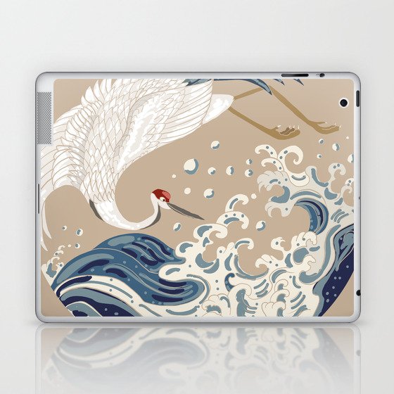 Crane and Japanese wave illustration. Traditional Chinese wave in circle. Beautiful line art of nature. Asian art doodle and painting background.  Laptop & iPad Skin