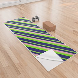 [ Thumbnail: Light Pink, Green, and Midnight Blue Colored Striped/Lined Pattern Yoga Towel ]