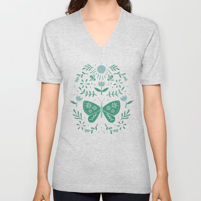 Folk Butterfly And Honey Bee | Green V Neck T Shirt