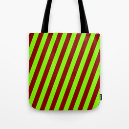 [ Thumbnail: Green & Dark Red Colored Lines Pattern Tote Bag ]