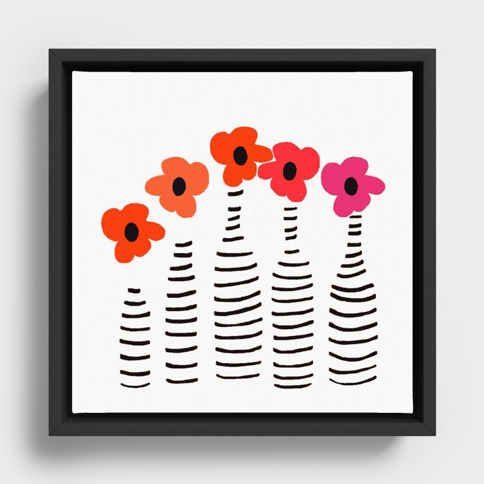 Red Petals Retro Flowers Stripe Bottles White Background #decor #society6 #buyart Framed Canvas