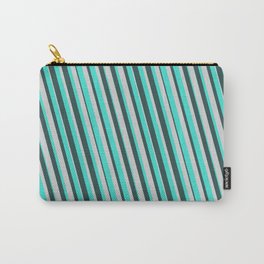 [ Thumbnail: Turquoise, Dark Slate Gray, and Light Gray Colored Pattern of Stripes Carry-All Pouch ]