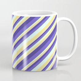 [ Thumbnail: Dark Slate Blue, Slate Blue, Light Cyan, and Tan Colored Striped/Lined Pattern Coffee Mug ]