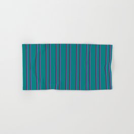 [ Thumbnail: Teal, Maroon & Medium Slate Blue Colored Lined/Striped Pattern Hand & Bath Towel ]