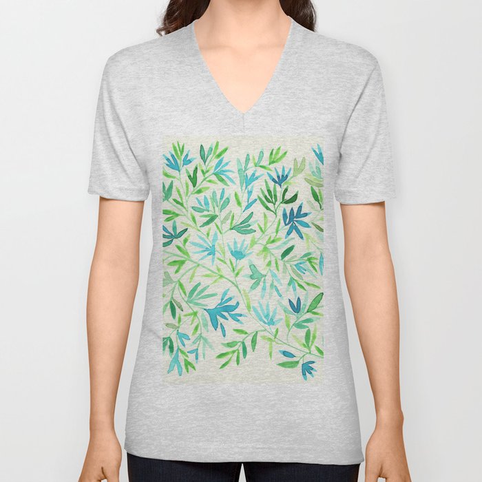 Green and Blue Leafs Design - Watercolor V Neck T Shirt