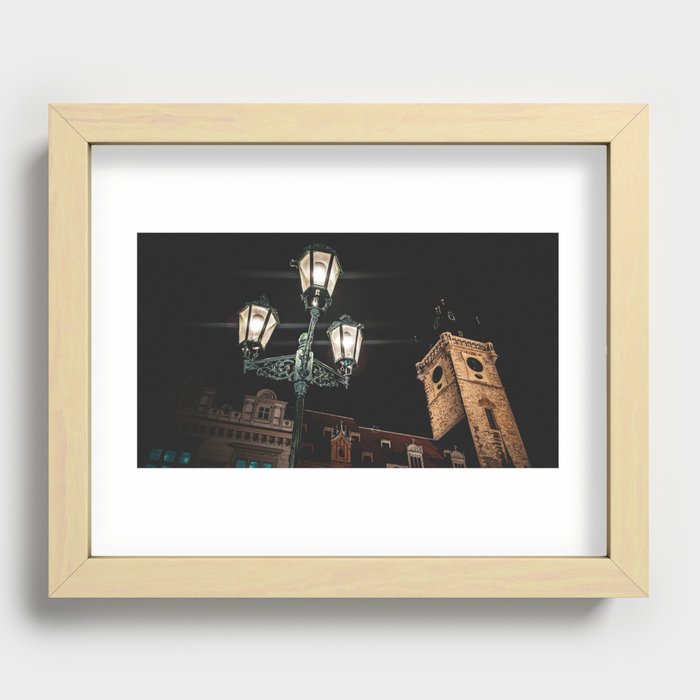 A Lamppost Under the Astronomical Clock Tower in Prague Recessed Framed Print