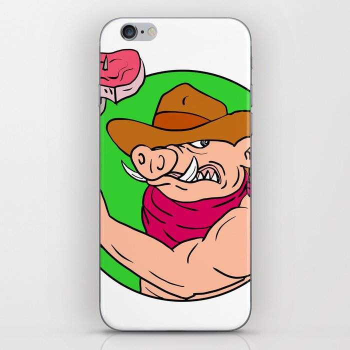 Cowboy Hog Holding Barbecue Steak Drawing Color iPhone Skin