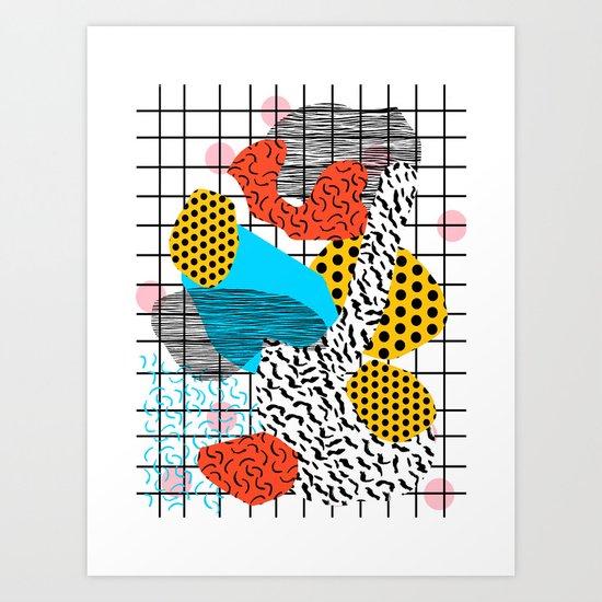 Wig Out - memphis style shapes retro pop art pattern dots stripes squiggles 1980's 80s 80 1980 retro Art Print