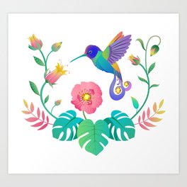 Hummingbird and tropical flowers  Art Print