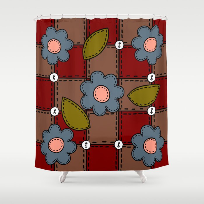 Retro Doodle Flower Style Quilt Dark Red Brown Blue Shower Curtain Retro Doodle Flower Style Quilt Dark Red Brown Blue Shower Curtain