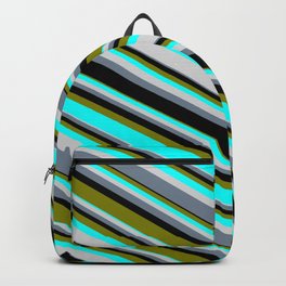 [ Thumbnail: Colorful Black, Green, Aqua, Light Gray, and Slate Gray Colored Stripes/Lines Pattern Backpack ]