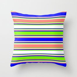 [ Thumbnail: Blue, Green, White, and Salmon Colored Lined Pattern Throw Pillow ]
