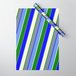 [ Thumbnail: Light Slate Gray, Blue, Cornflower Blue, Light Yellow, and Green Colored Lined/Striped Pattern Wrapping Paper ]