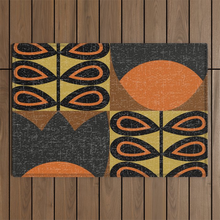 seamless pattern in scandinavian design style. Retro mid century modern inspired background in vintage colors with isolated linen cotton woven cloth texture. Stylized flowers and leaves geometr Outdoor Rug
