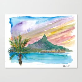 Tahiti Polynesian Dreams with Huts And Mountains Canvas Print