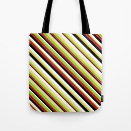 [ Thumbnail: Eye-catching Tan, Green, Red, Black & White Colored Striped/Lined Pattern Tote Bag ]