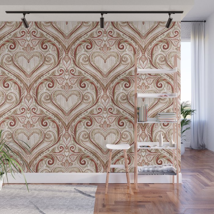 Valentine Heart Damask with Faux Linen Texture Wall Mural