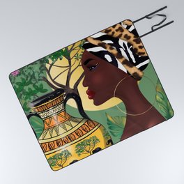 African woman,vase ,fashion art ,dark green background ,round earrings. Picnic Blanket